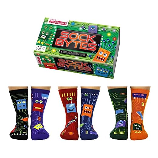 United Oddsocks - Sock Bytes - Caja 6 calcetines impares para niños - UK 12-5.5 EUR 30.5-38.5 US 13.5-8, multicolor, 12