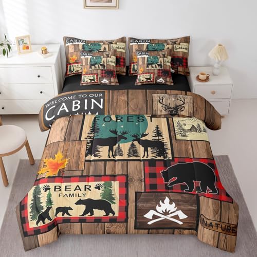 Erosebridal Retro Cabin Bed in a Bag Queen Comforter Set 7 Piece,Rustic Bear Deer Bedding Sets Hunting Wildlife Wild Animal Comforter and Sheet Set,Plaid Lodge Farmhouse Western Bed Set