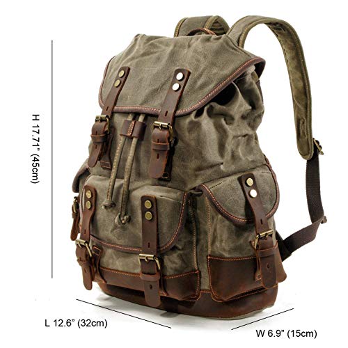 Mens Genuine Leather-Waxed Canvas Backpack Shoulder Rucksack, Vintage Mountaineering Travel Bag, Heavy Duty, Waterproof, Oversized Highly Spacious Bag for Traveling, Outdoor, Weekender2