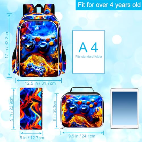Image of 17 inch Gamer Backpack for Boy, 3Pcs Fire Bookbag for Elementary Preschool Kindergarten, Kids School Backpacks with Lunch Box (Red)