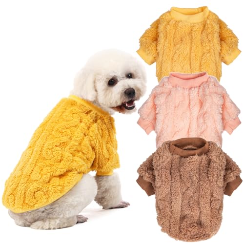 Image of JAMPAYANG Dog Sweater, 3 Pack Dog Sweaters for Small Dogs or Cats, Girl or Boy, Warm Dog Clothes Shirt Coat for Winter Christmas (Coffee, Peach, Yellow, X-Small)