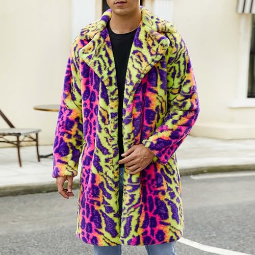 Cambkatl Men's Colorful Leopard Luxury Faux Fur Coat Furry Lapel Collar Long Outerwear Fluffy Winter Warm Cardigans Jacket2
