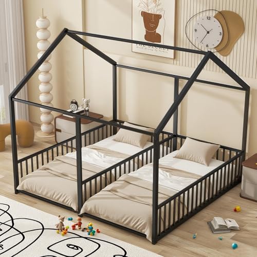 House Double Metal Bed Frame with Fence & Roof Design