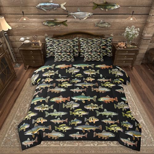 Erosebridal Pike Fish 7 Pieces Bedding Set Twin Size, Vintage Fishing Kids Comforter Set for Boys Girls, Fishing and Hunting Bed Sets Bed in a Bag, Animals Marine Life Sheets Sets with Pillowcases