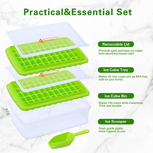 Homorey Ice Cube Trays For Freezer With Spill-Resistant Removeable Lid - Bpa Free & Dishwasher Safe Ice Cube Molds With Ice Cube Bin, Ice Scooper & Ice Tong - Odourless Ice Trays - Pack Of 2 (Green) #TOP2