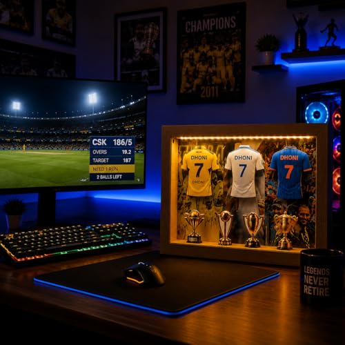 Image of 7 Cricket Jersey Shadow Box Frame with LED Light | CSK Cricket Fan Gift | Sports Display Box for Gaming Room & Bedroom Decor | Cricket Gifts for Men (MS Dhoni)