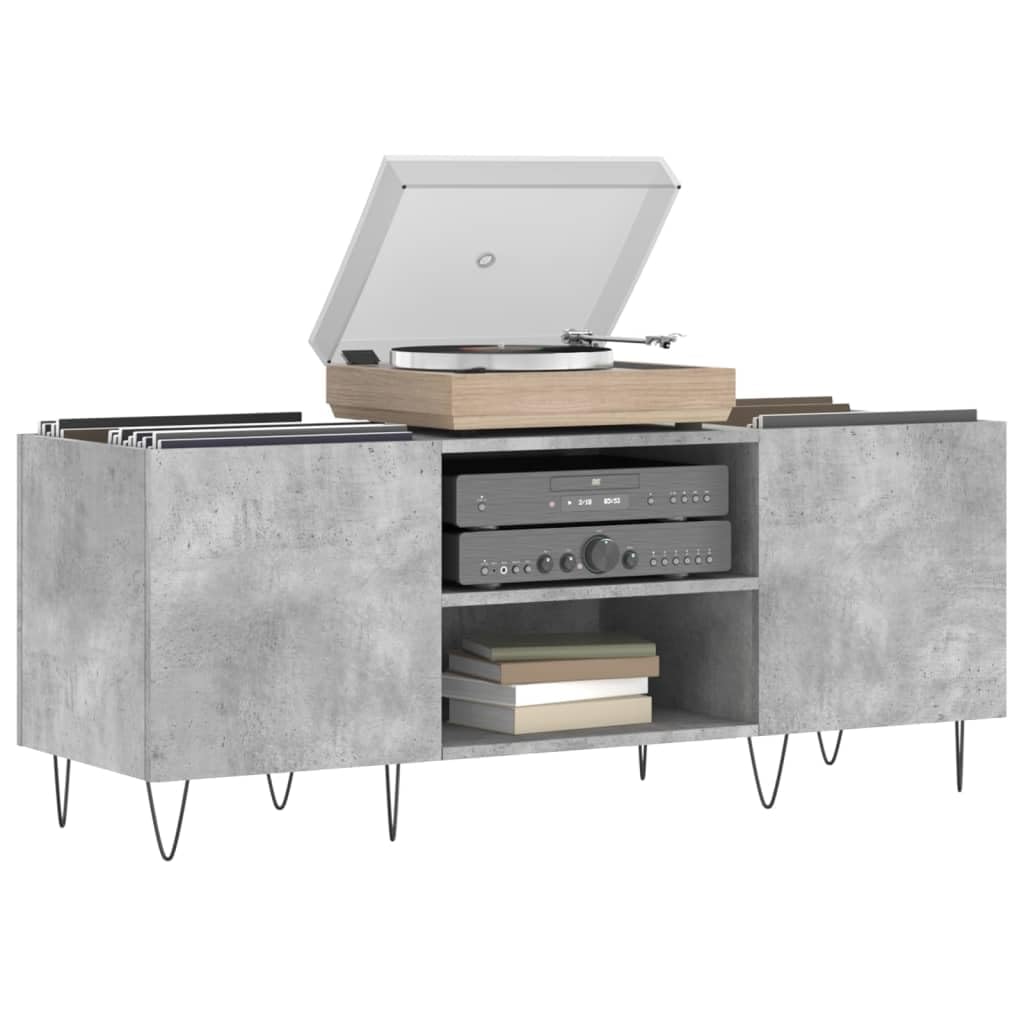Armadio per dischi grigio cemento, 121 x 38 x 48 cm, in legno con gambe in ferro, per vinile, dischi in vinile, collezione musica, soggiorno, home theater, credenza, TV Lowboard, gestione