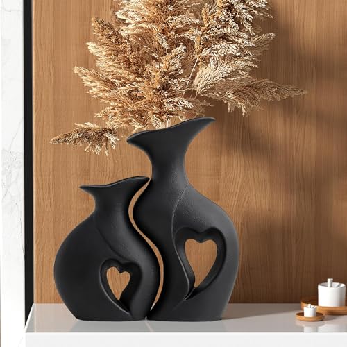 2 Vasi in Ceramica Nera a Forma di Cuore | Set di Vasi Opachi per Decorazione Boho | Ideale per Tavolo da Pranzo, Libreria, Salotto, Camera da Letto & Ufficio | Tischdekoration