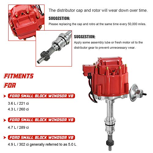 Thebigdeals Hei Distributor 65K Coil For Small Block Ford 260 289 302 5.0L With Red Cap Ignition Distributor One Wire Installation #TOP3