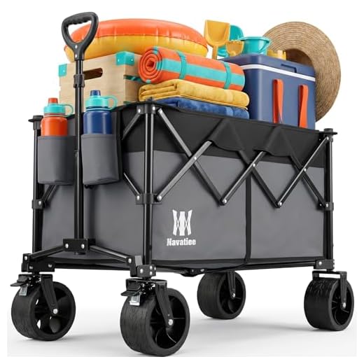 Navatiee 330Lbs Collapsible Folding Wagon, Beach Wagon Cart Heavy Duty Foldable with Big Wheels, Utility Grocery Wagon with 165L Large Capacity for Camping Garden Sports, Gray