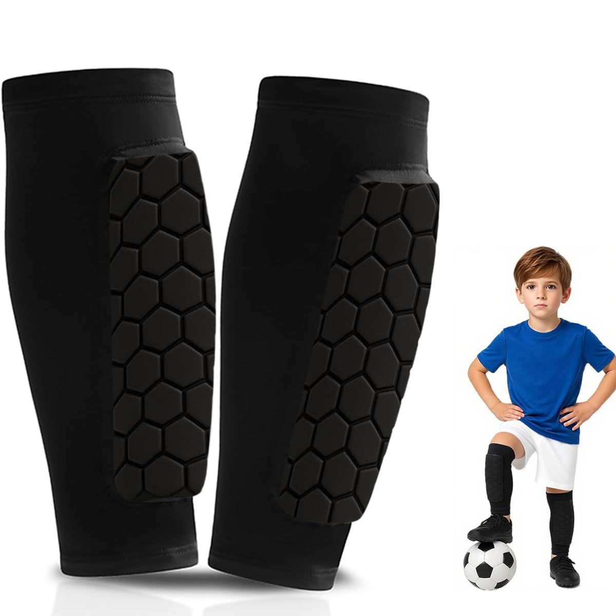 Garegce Football Shin Guards Pads, Defender with Honeycomb Compression Sleeve, Lightweight Shin Guards for Boys, Teenagers, Outdoor Sports Leg Protection with Impact Absorption – 1 Pair-Black