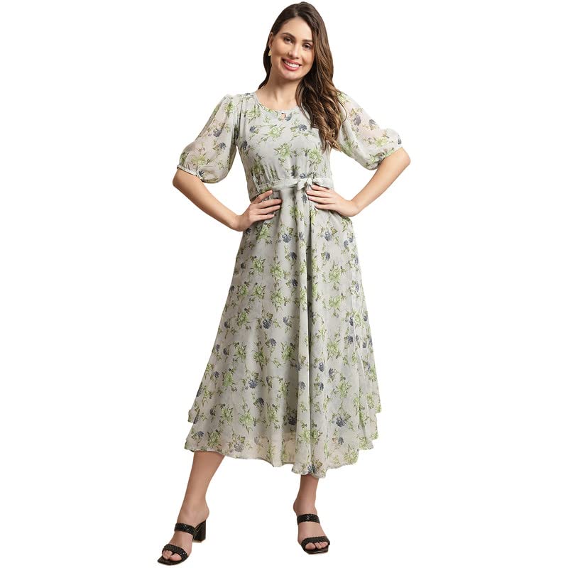 Preneum Women's Georgette T-Shirt Standard Length Dress (Maxi-N-22_Light Grey
