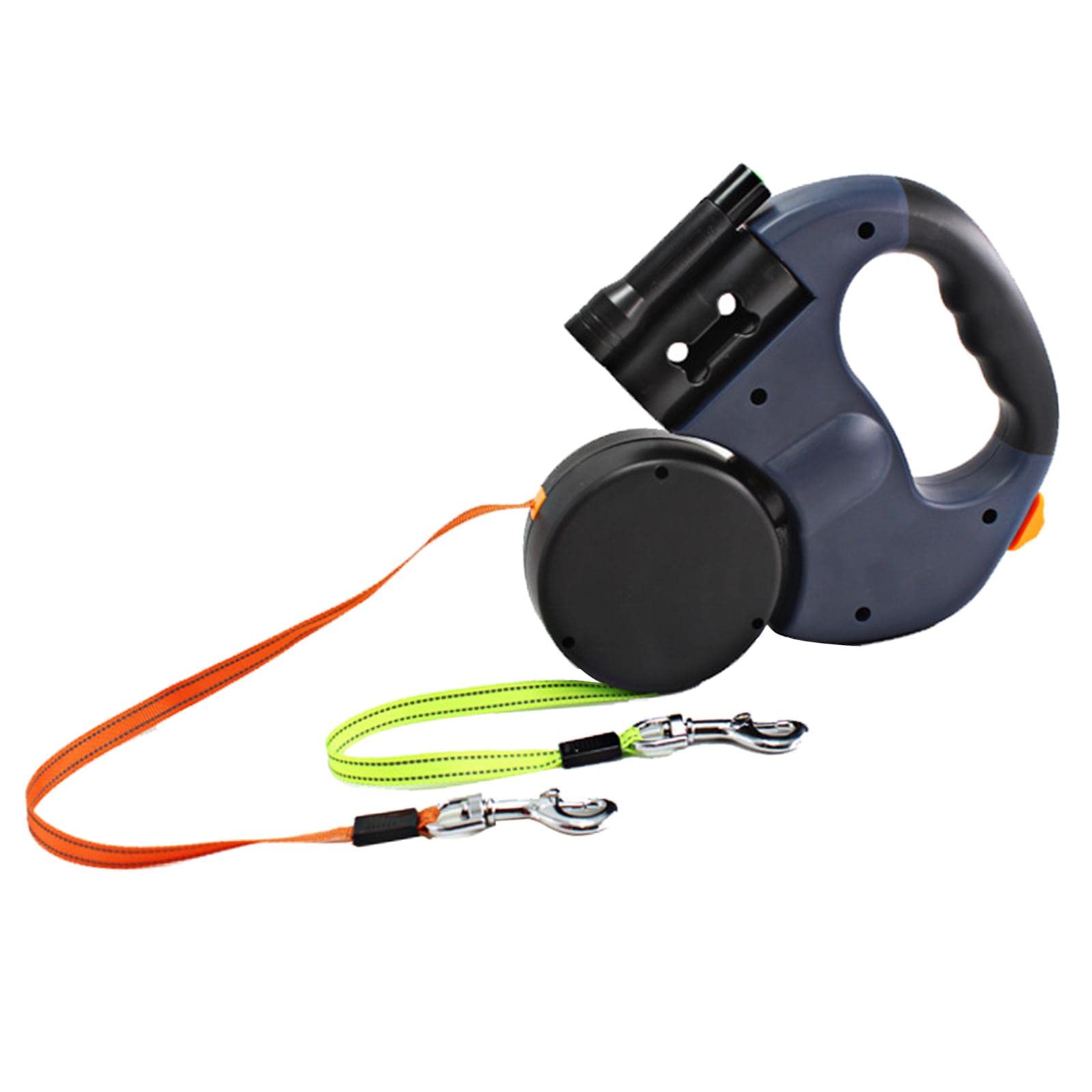 Laisse Rétractable Double Laisse pour Chiens Poignée Ergonomique Nylon Réfléchissant avec Distributeur de Sacs Poubelle Lampe Adaptée Promenade Animau, Grise