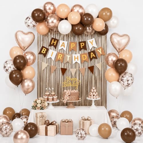 Brown Birthday Decorations,Happy Birthday Banner Beige Cream Neutral Boho Balloons Fringe Curtain Heart Foil Balloons for Women Boys Girls Baby Shower by Adorely - Used condition - Image 3