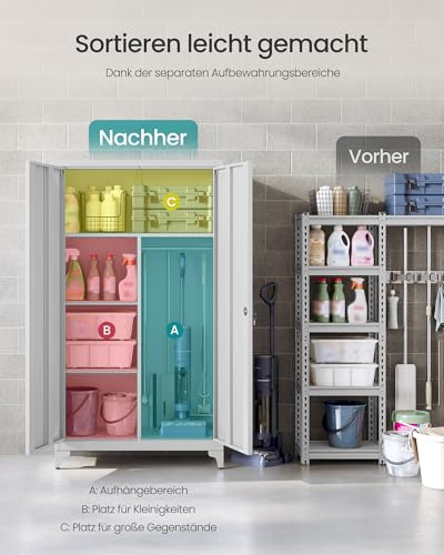 SONGMICS Mehrzweckschrank, Garderobenschrank, Aufbewahrungsschrank, Aktenschrank, Metallschrank, mit 2 Türen, 5 Fächern, Hängestange, abschließbar, hohe Füße, 80 x 40 x 165 cm, mattgrau OMC018GJ01