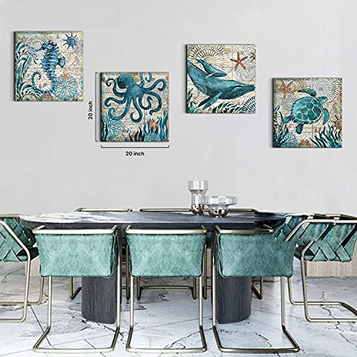 Beach Wall Decor For Living Room Coastal Teal Seahorse Sea Turtle Canvas Wall Art Bathroom Decor Ocean Whale Octopus Pictures Artwork Nautical Paintings Bedroom House Home Decorations 16X16" 4 Pcs/Set #TOP5