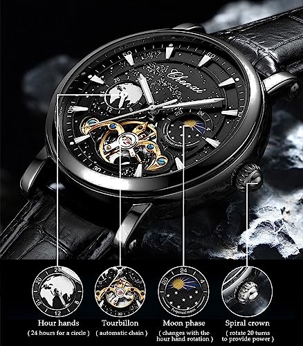Image of FORSINING Men's Watch Luminous Starry Sky with Moon Phase Tourbillon, Mechanical Automatic Self-wind Fashion Watches, Stainless Steel Case Leather Belt Wristwatch