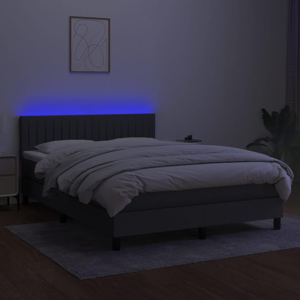 Tkanina z regulowanym zagłówkiem LED 140x190 cm Szary | Łóżko kontynentalne z materacem sprężynowym LED ciemnoszara tkanina 140x190cm z regulowanym zagłówkiem