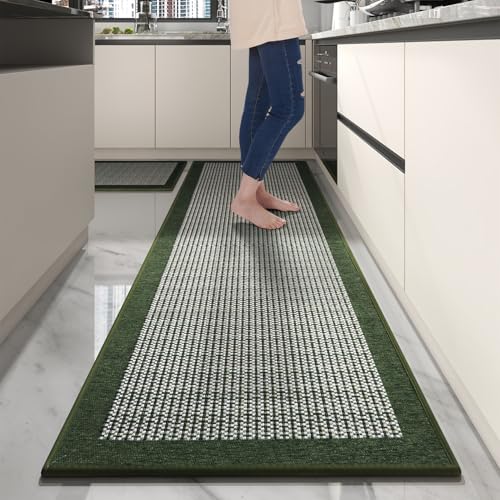 PADOOR Non Slip Kitchen Rugs Sets of 2 - Extra Large 2.5'x6' + 20"x32" Runner Rugs for Kitchen Floor Non Skid Washable, Absorbent Kitchen Mat for in Front of Sink 2 Piece Green