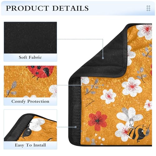 Image of Orange Sakura and Bees Seat Belt Cover Pad 2 Pcs Soft Cute Seatbelt Covers Protector Support Head Neck Shoulder Strap for Car Seats High Chair Backpack for Adults Kids Women Men 10x7.7In 2 Pack