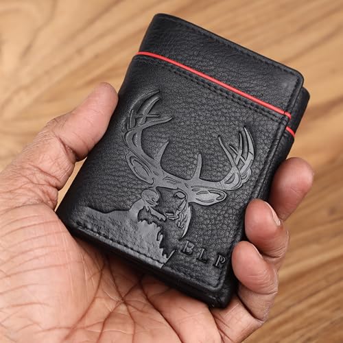Image of Men's Trifold Leather Wallet with Deer Emboss & Red Accent Trim | Full-Grain Nappa Leather | RFID Blocking Slim Card Holder | Gift for Husband, Dad, Boyfriend