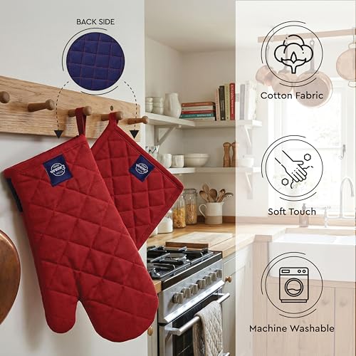 Image of Encasa XO Heat Resistant 100% Cotton Oven Glove & Potholder Set with Loop, Kitchen Cooking Mittens, Microwave Safe Hot Pads (Red)