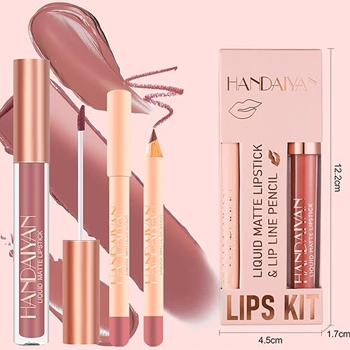 Nude Lip Liner and Lipstick Set, Lip Gloss Matte Long Lasting Pink Non-Sticky Waterproof Lip Stain Pencil Makeup - Image 7