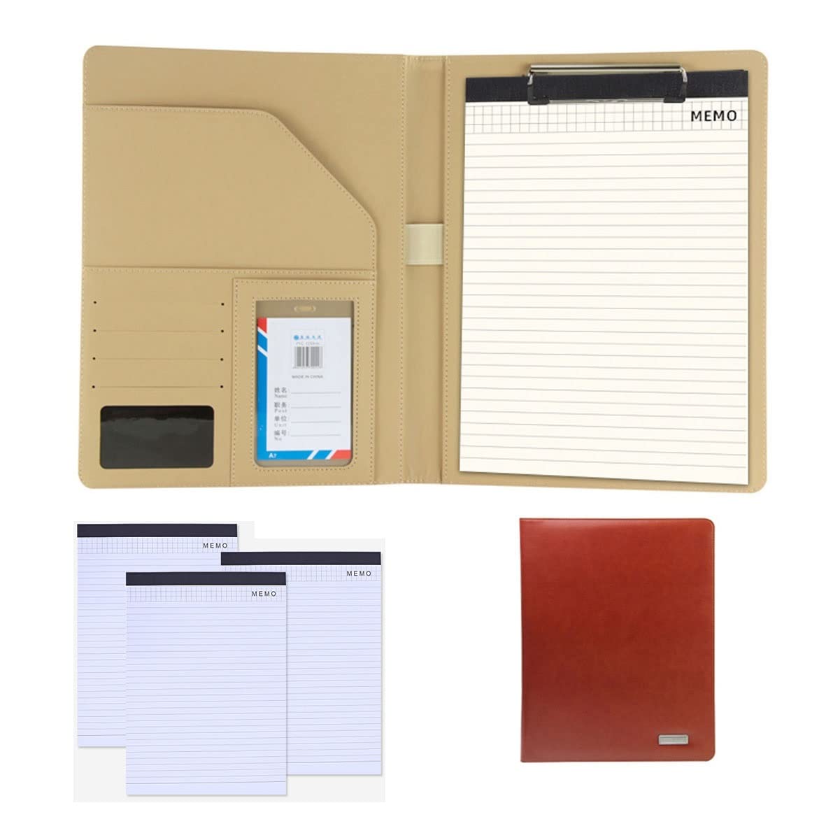Portfolio A4 en cuir marron avec recharge de bloc-notes 25 feuilles et organiseur de documents