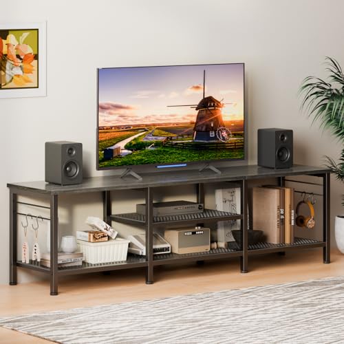 Image of Furologee 63 Inch TV Stand, Entertainment Center with Shelves, Black Oak | Console Table, Open Storage Shelves, 4 Hooks, for 65 /70 Inch TVs, TV Stands for Living Room, Bedroom