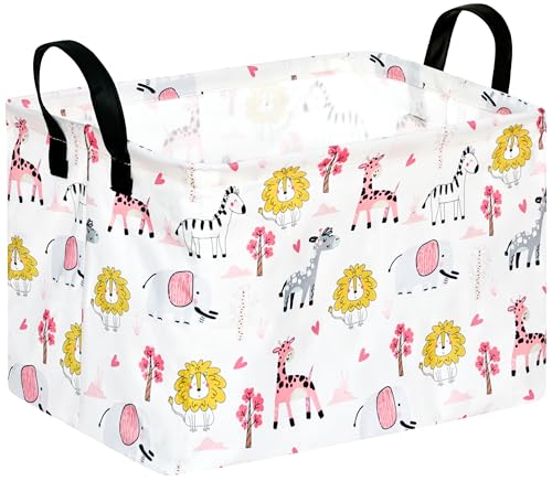 Image of Gift Toy Storage Basket for Girls and Boys, Storage Organizer for Nursery Hamper Home Bedroom Laundry Hamper Shelf Easter Baskets (Pink Zoo)