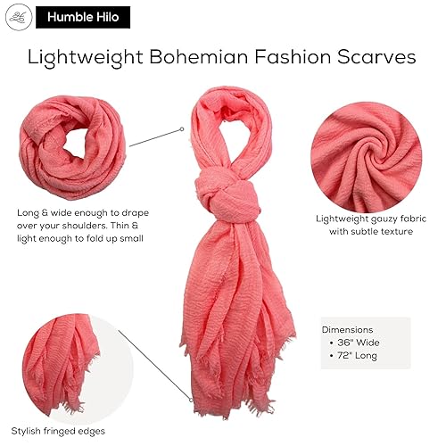 Humble Hilo Womens Woven Bohemian Style Gauze Scarf,Shawl, Head Wrap Fringed Edge Lightweight, Long Folds Small4