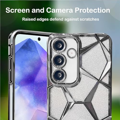 Image of VONZEE Gradient Glitter Case for Samsung M16, Luxury Electroplated 3D Cube, Diamond Bling Shiny Soft TPU Clear Shockproof Women Girls Protective Phone Cover (Silver)