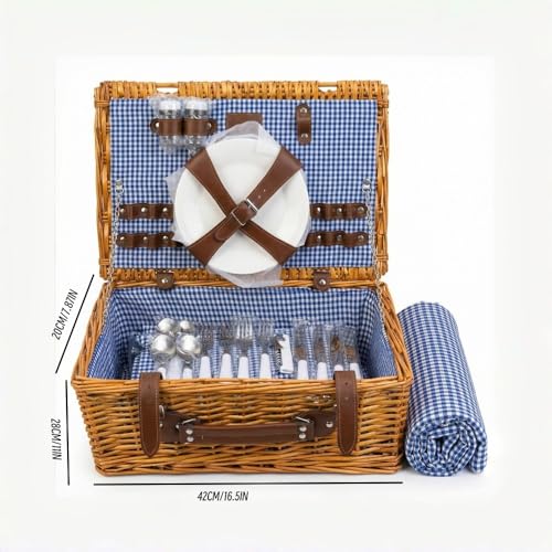 Image of Multifunctional Wicker Picnic Basket Set for 4 Blanket Family Folding Wine Table,Insulated Portable Extra Big Storage Capacity Woven Rattan Canasta De Full Tablewares Camping Outdoor Flowers Blue