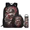 3 Pcs Dragon Backpack Set for Boys Cool Book Bag,Loong Bookbag for Elementary Kids Black Daypack with Lunch Box Water Bottle for 3-9 Years Children School Bags for Daily
