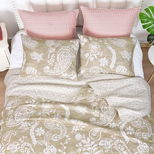 Phf 100% Cotton Quilt Set Queen Size, 3Pcs Lightweight Boho Paisley Floral Soft Bedspread For All Season, Drop Nicely, 1 Reversible Coverlet 90" X 90" And 2 Pillow Cases 20" X 26", Beige/Light Khaki #TOP2