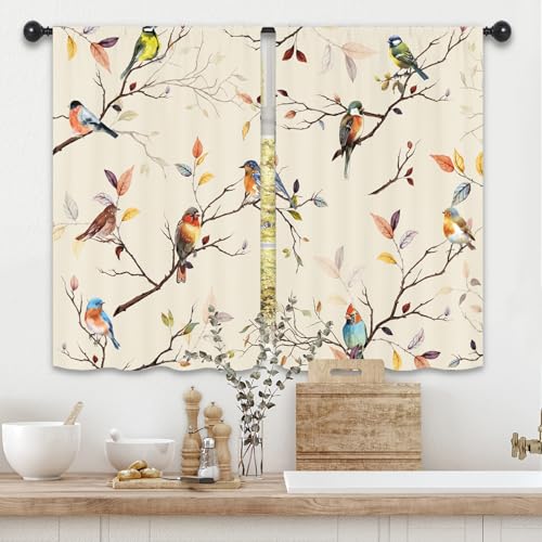 Kalmico Bird Branch Watercolor Kitchen Curtains 27.5W x 39L Inch Leaves Retro Colorful Vintage Rustic Farmhouse Rod Pocket Short Small Window Treatment Drapes Decor 2 Panels