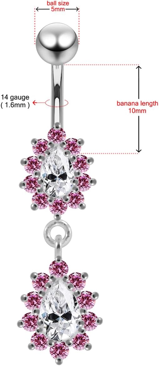 Stylish Dual Studded Teardrop Flower Dangling Design 925 Sterling Silver with Stainless Steel Belly Ring - Belly Button jewelry - Navel jewelry