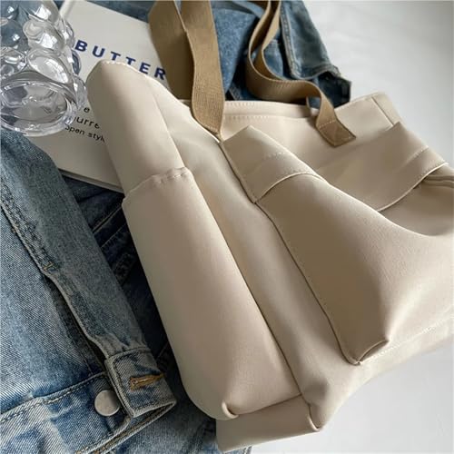 Nylon Tote Bag With Multiple Pocket Lightweight Foldable Design For Office Commute Shopping Fitness Storage Handbag Shoulder Bag(Beige)3