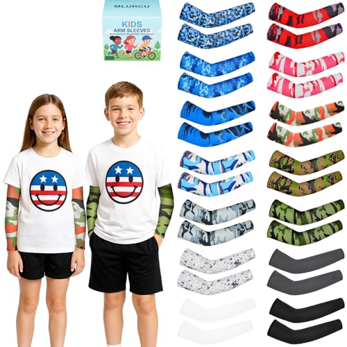 Mlurcu Arm Sleeves for Kids 14 Pairs Football Basketball Baseball Drip Style UV Sun Protection Cooling Compression Sleeves to Cover Arms for Boys and Girls Outdoor Sports (8-10 Years, M)