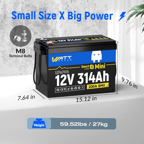 Image of WattCycle 12V 314Ah Mini LiFePO4 Lithium Battery with Bluetooth 5.0, 200A BMS, 4.01kWh Energy, Low-Temp Protection, 10+ Years Lifespan, for RV, Marine, Camping, Solar Off-Grid