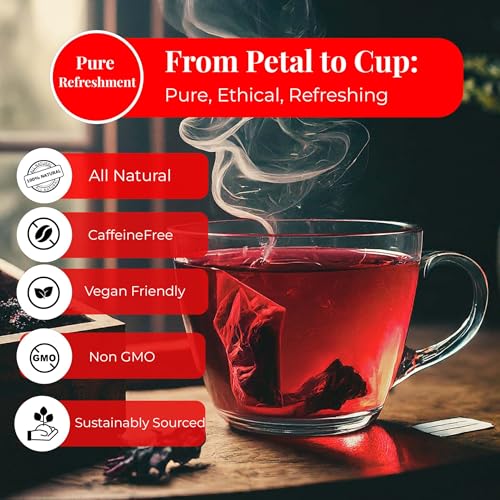 Akshit Natural Hibiscus Ginger Tea, 50 Tea Bags, Te de Hibisco, Hibiscus Ginger Tea, Blend of Hibiscus Flower & Ginger, Caffeine-Free, Non Gmo, No Additives. Perfect As Hot & Iced Tea