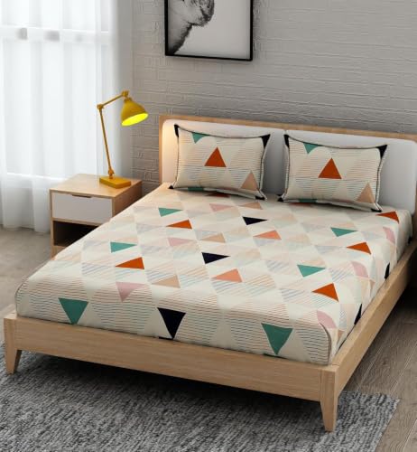 Image of 380 TC Premium Glace Cotton Elastic Fitted Bedsheet King Size with 2 Pillow Covers King Size | Double Bed with All Around Elastic (WHITETG, Fitted - 72 inchx78 inch King)