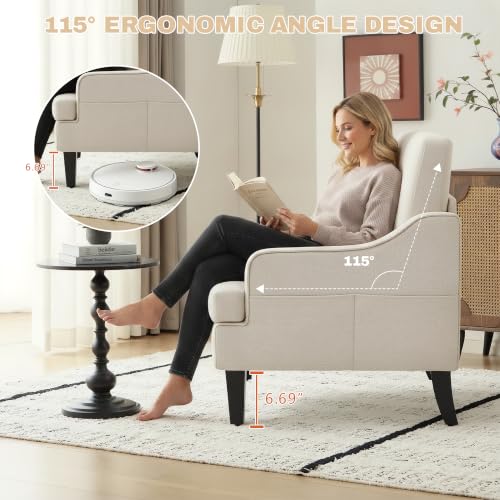 Image of Accent Chair for Living Room,Mid-Century Arm Chair Fabric Living Room Chairs,Upholstered Reading Chair for Bedroom,Single Sofa Chair with Wood Legs for Apartment (Beige)