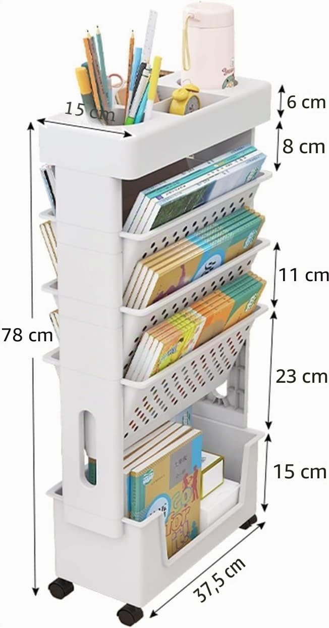 Libreria mobile da scrivania for aule, carrello multiuso a 5 livelli con ruote, organizer da scrivania for libri, portariviste, carrello portaoggetti sottile for casa, cucina, ufficio, studio, dormito