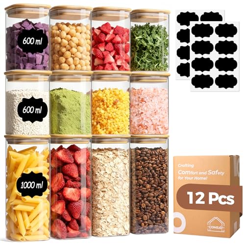 ComSaf Bocal en Verre Avec Couvercle, Pot en Verre Avec Couvercle, 600-1000 ml, Lot de 12 Pièces, Convient Pour Noix de Cajou, Gros Sel, Amandes