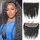 Lace Frontal Closure Deep Wave 13x4 Ear to Ear Frontal HD Lace 12 Inch Curly Brazilian Virgin Human Hair Extensions for Women Pre Plucked with Baby Hair 150% Density Natural Black