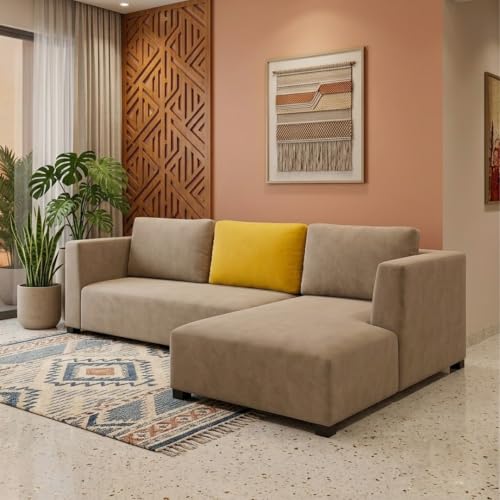 Image of FURNY Olympus 4 Seater RHS L Shape Sofa Set | Plush Velvet Suede Fabric | Modern Design | Soft Comfort Dual Color Cushions for Living Room, Office & Hotels (Beige-Yellow)