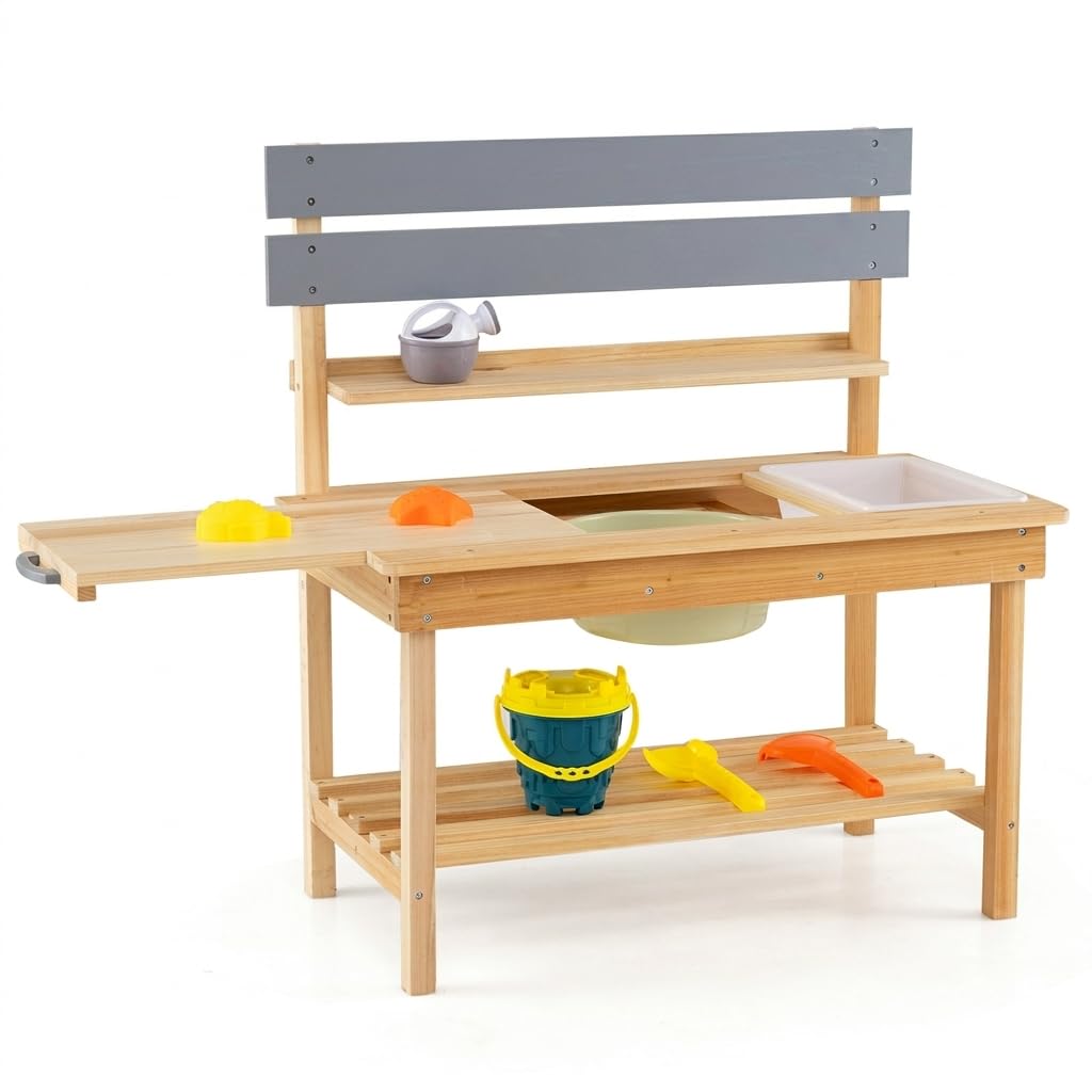COSTWAY Mud Kitchen, Outdoor Kids Play Kitchen with Extended Tabletop, Sink, Faucet, Accessories & Storage Shelves, Wooden Chef Pretend Kitchen Playset for Boys Girls Ages 3+