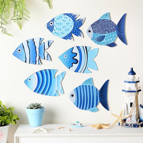 Tandefio 6 Pcs Coastal Ocean Metal Fish Wall Decor Beach Fish Hanging Wall Art Sculpture Decor for Bathroom Bedroom Living Room Home Indoor Outdoor Summer Nautical Sea Tropical Theme