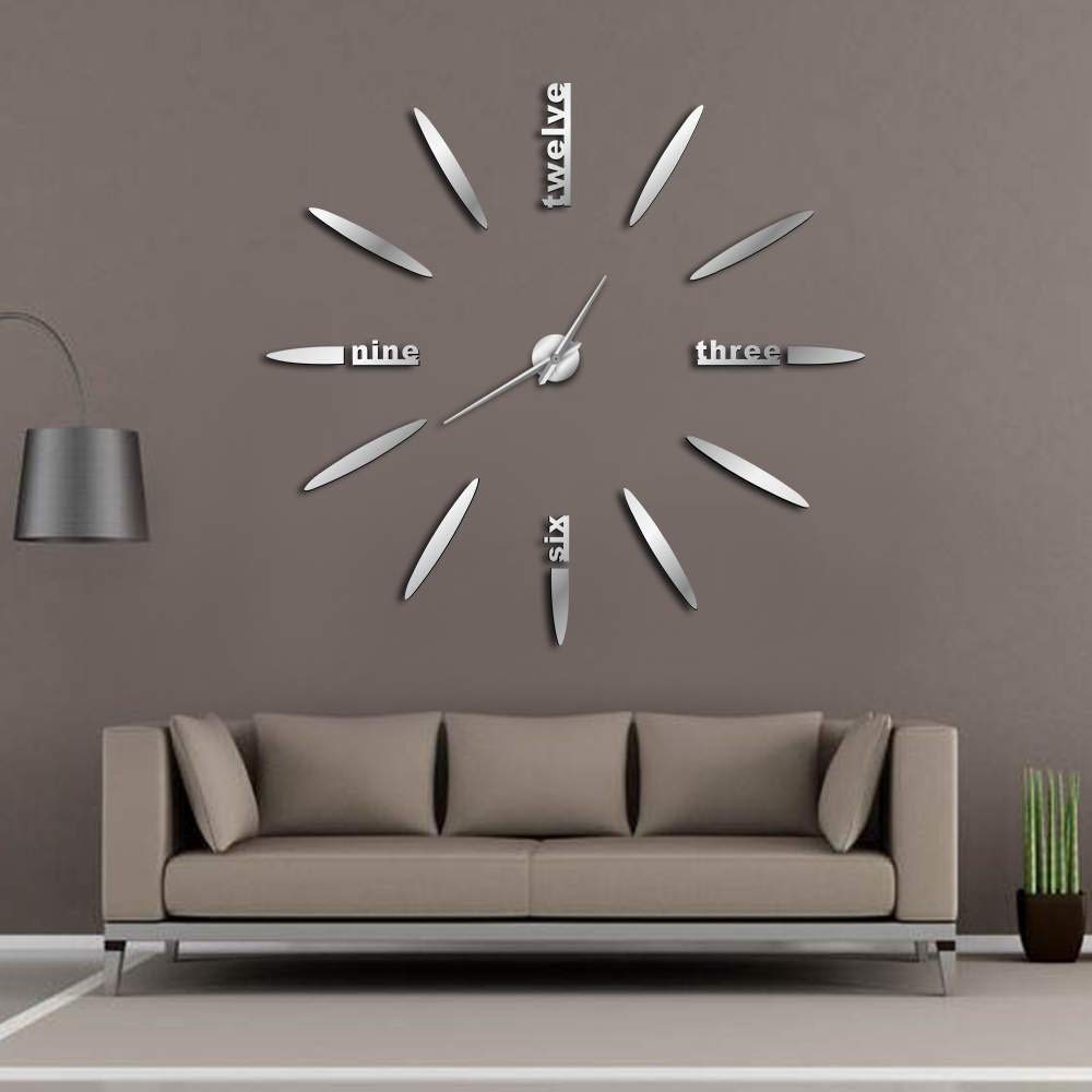 Miroir horloge murale 3D argenté 27" au design épuré sans cadre pour décoration chic